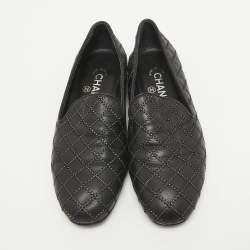 Pre Owned Chanel Black Leather Slip On Smoking Slipper Size 36