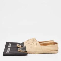 Pre Owned Chanel Beige/Black Leather CC Espadrille Flats Size 40