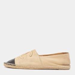 Pre Owned Chanel Beige/Black Leather CC Espadrille Flats Size 40