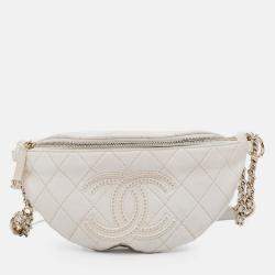 Chanel White CC Quilted Lambskin Studded Logo Belt Bag
