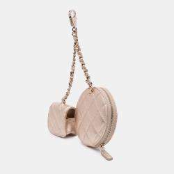 Pre Owned Chanel Gold Metallic Quilted Lambskin Round Clip On Coin Purse Airpods Case