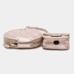 Pre Owned Chanel Gold Metallic Quilted Lambskin Round Clip On Coin Purse Airpods Case