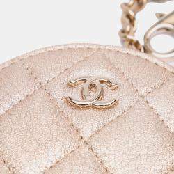 Pre Owned Chanel Gold Metallic Quilted Lambskin Round Clip On Coin Purse Airpods Case