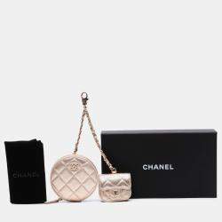 Pre Owned Chanel Gold Metallic Quilted Lambskin Round Clip On Coin Purse Airpods Case