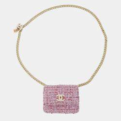 Pre Owned Chanel CC Quilted Pink Tweed Flap Chain Belt Bag