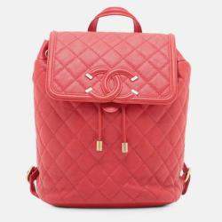 Pre Owned Chanel Red Quilted Caviar CC Filigree Backpack