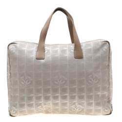 Pre Owned Chanel Beige Jacquard Travel Ligne Laptop Bag