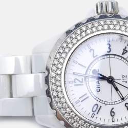 Chanel White Ceramic Stainless Steel Diamond J12 H0967 Women's Wristwatch 33 mm
