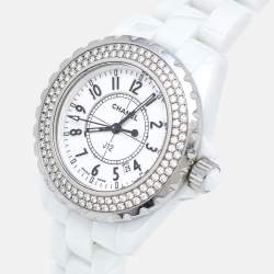 Chanel White Ceramic Stainless Steel Diamond J12 H0967 Women's Wristwatch 33 mm