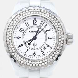 Chanel White Ceramic Stainless Steel Diamond J12 H0967 Women's Wristwatch 33 mm