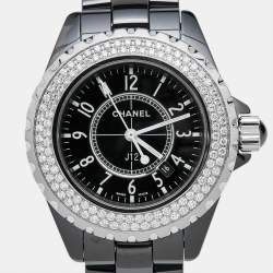 Chanel Black Ceramic Stainless Steel Diamond J12 H0949 Women's Wristwatch 33 mm