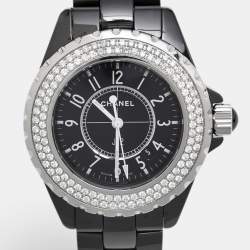 Pre Owned Chanel Black Ceramic Stainless Steel Diamond J12 H0949 Women's Wristwatch 33 mm