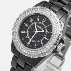 Pre Owned Chanel Black Ceramic Stainless Steel Diamond J12 H0949 Women's Wristwatch 33 mm