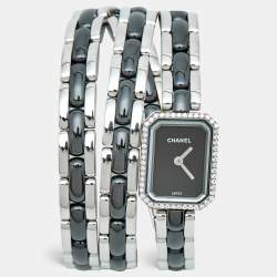 Pre Owned Chanel Premiere H3058 Black Dial Ceramic Stainless Steel Diamond Women's Wristwatch 15 mm