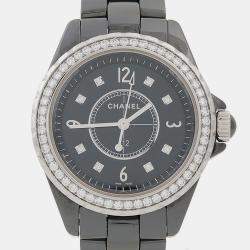Pre Owned Chanel J12 H3108 Quartz White Dial Ceramic Diamond Women's Wristwatch 34mm