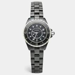 مملوكة مسبقًا Chanel J12 H1625 Black Dial Ceramic Diamond Stainless Steel Women's Wristwatch 33 mm