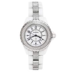 Pre Owned Chanel White Ceramic Diamond J12 Women's Wristwatch 34 mm
