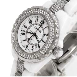 Pre Owned Chanel White Ceramic Diamond J12 Women's Wristwatch 34 mm
