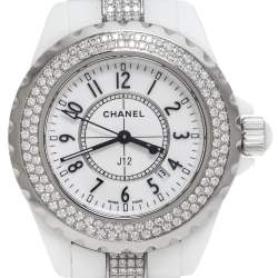 Pre Owned Chanel White Ceramic Diamond J12 Women's Wristwatch 34 mm