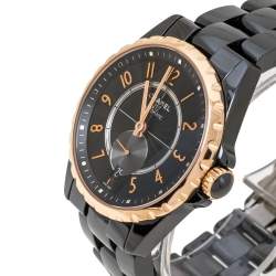 Pre Owned Chanel Black Gold Tone Black Ceramic Stainless Steel J12 H3838 Women's Wristwatch 36 mm