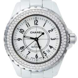 Pre Owned Chanel White Stainless Steel Ceramic Diamonds J12 Automatic Women's Wristwatch 39 mm