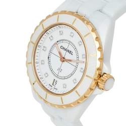 Pre Owned Chanel White 18K Yellow Gold & Ceramic J12 H2181 Women's Wristwatch 39 mm