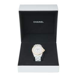 Pre Owned Chanel White 18K Yellow Gold & Ceramic J12 H2181 Women's Wristwatch 39 mm