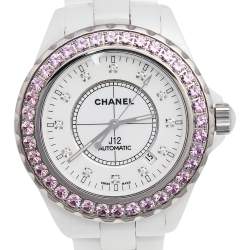 Pre Owned Chanel White Ceramic Diamonds Pink Sapphire J12 H3243 Women's Wristwatch 42 mm