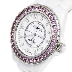 Pre Owned Chanel White Ceramic Diamonds Pink Sapphire J12 H3243 Women's Wristwatch 42 mm
