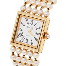 Pre Owned Chanel White 18K Yellow Gold Cultured Pearl Mademoiselle H0007 Women's Wristwatch 23 mm