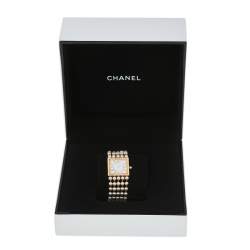 Pre Owned Chanel White 18K Yellow Gold Cultured Pearl Mademoiselle H0007 Women's Wristwatch 23 mm