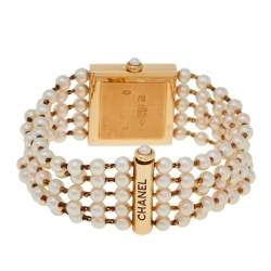 Pre Owned Chanel White 18K Yellow Gold Cultured Pearl Mademoiselle H0007 Women's Wristwatch 23 mm