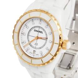 Pre Owned Chanel White Ceramic Rose Gold Plated Stainless Steel Diamond J12 H2180 Women's Wristwatch 38 mm