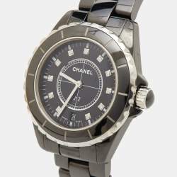Pre Owned Chanel Black Diamond Ceramic Stainless Steel J12 H2124 Unisex 38 mm 