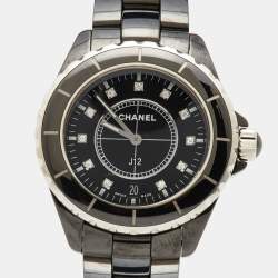 Pre Owned Chanel Black Diamond Ceramic Stainless Steel J12 H2124 Unisex 38 mm 