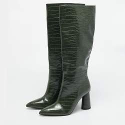 مملوكة مسبقًا حذاء بوت تشارلز و كيث بطول الركبة جلد منقوش كروك أخضر مقاس 40