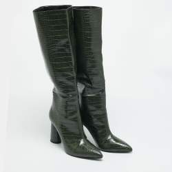 مملوكة مسبقًا حذاء بوت تشارلز و كيث بطول الركبة جلد منقوش كروك أخضر مقاس 40