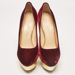 Pre Owned حذاء كعب عالي شارلوت أوليمبيا دوللي مخملي نبيذي نعل سميك مقاس 41