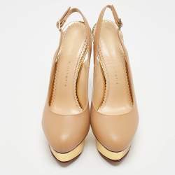 Pre Owned حذاء كعب عالي شارلوت أوليمبيا دوللي جلد بيج سميك مقاس 38