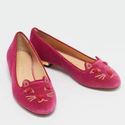 Charlotte Olympia Pink Velvet Knot A Kitty Ballet Flats Size 35.5