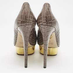 Charlotte Olympia Grey Croc Embossed Leather Dolly Platform Pumps Size 40