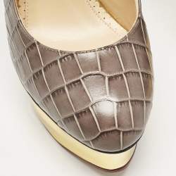 Charlotte Olympia Grey Croc Embossed Leather Dolly Platform Pumps Size 40