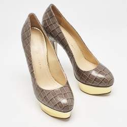 Charlotte Olympia Grey Croc Embossed Leather Dolly Platform Pumps Size 40