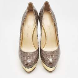 Charlotte Olympia Grey Croc Embossed Leather Dolly Platform Pumps Size 40