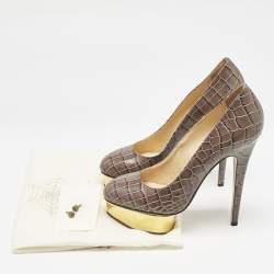 Charlotte Olympia Grey Croc Embossed Leather Dolly Platform Pumps Size 40