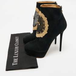 Pre Owned Charlotte Olympia Black Suede On Time Platform Ankle Boots Size 38
