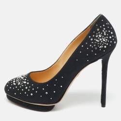 Pre Owned Charlotte Olympia Black Canvas Crystal Embellished Dotty Platform Pumps Size 41