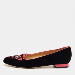 Pre Owned Charlotte Olympia Black/Pink Velvet Kitty Ballet Flats Size 40