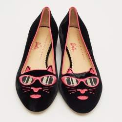 Pre Owned Charlotte Olympia Black/Pink Velvet Kitty Ballet Flats Size 40