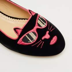 Pre Owned Charlotte Olympia Black/Pink Velvet Kitty Ballet Flats Size 40